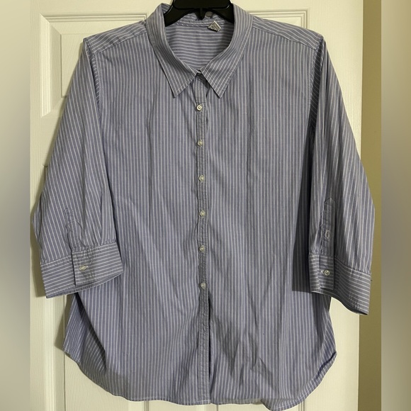 IZOD-womens plus size blue/white stripe button down 3/4 sleeve shirt-EUC-Size 2X - Picture 1 of 3